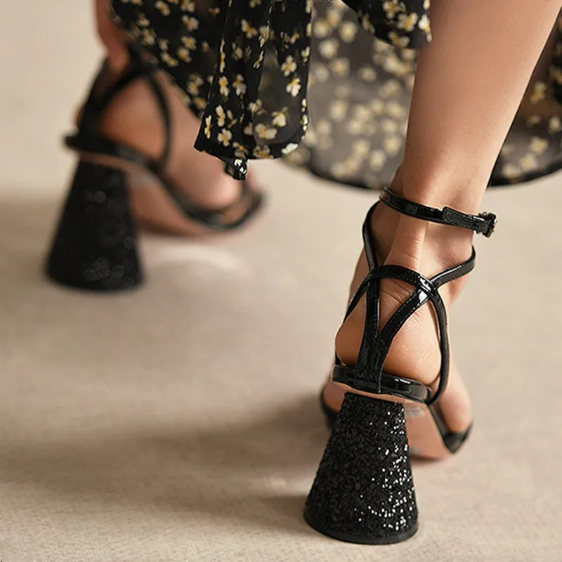 Bling Summer Sandals Spike High Heels Runway Square Toe Women Joker Dress Party Shoes Woman Black Zapatos Mujer 2019 |