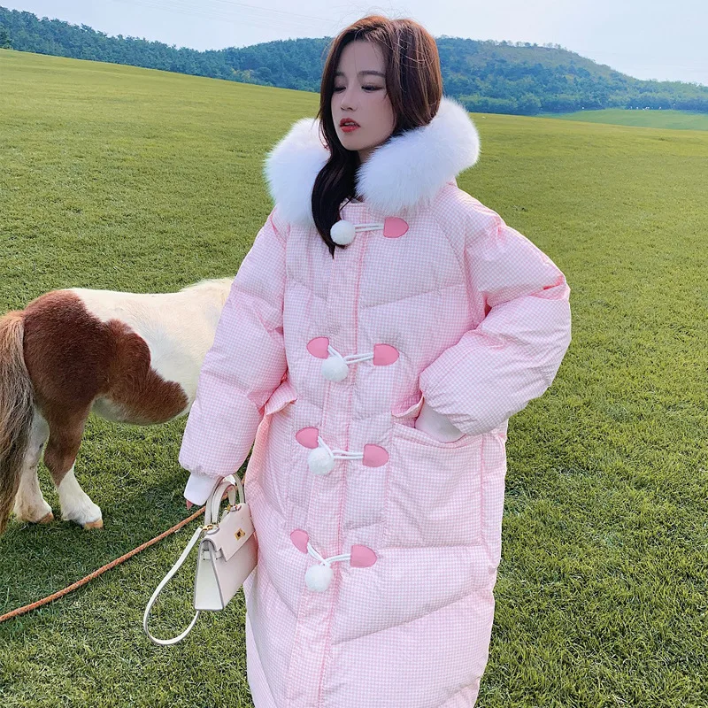 Pink Down Cotton-padded Jacket Girls' Long Winter Students Korean Version of Loose Big Fur Collar Bread Clothes Cotton Coat