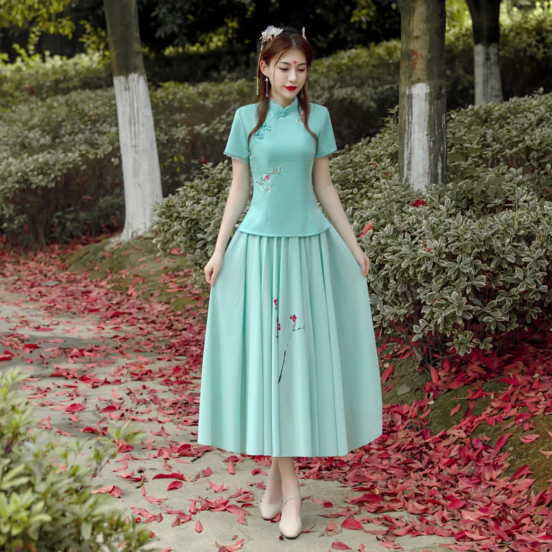Китайский Стиль с вышитыми цветами женские костюм ханьфу юбка Cheongsam комплект из 2