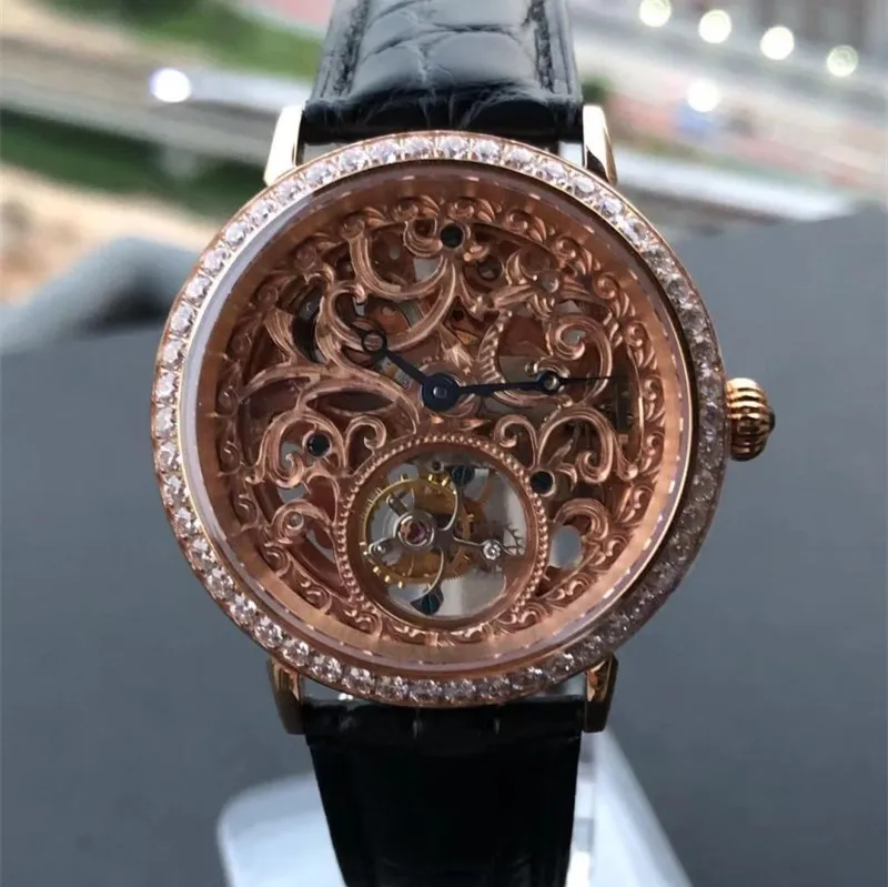 Rose Gold Модные мужские часы с каркасом турбийоном, сапфировые часы с бриллиантовым циферблатом, мужские механические часы, мужские водонепроницаемые часы 50 АТМ, Reloj De Hombre - Цвет: Rose Gold