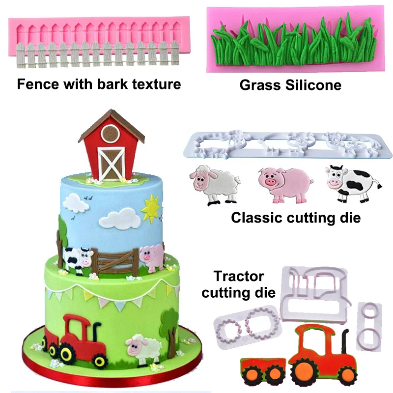 Fondant Cutter Molds Cake Decorating Tools Farm Animal Cookie Cute Pig Cow Sheep Dessert Tractor Die Grass Bark Fence Silicone