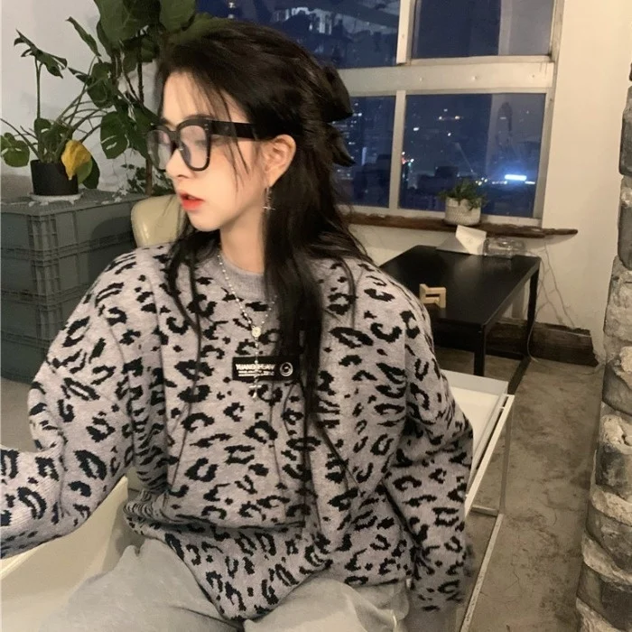 

Новинка 2021, Осенний пуловер с круглым вырезом и леопардовым принтом, свитер, женская верхняя одежда в стиле ретро, Топ с длинным рукавом