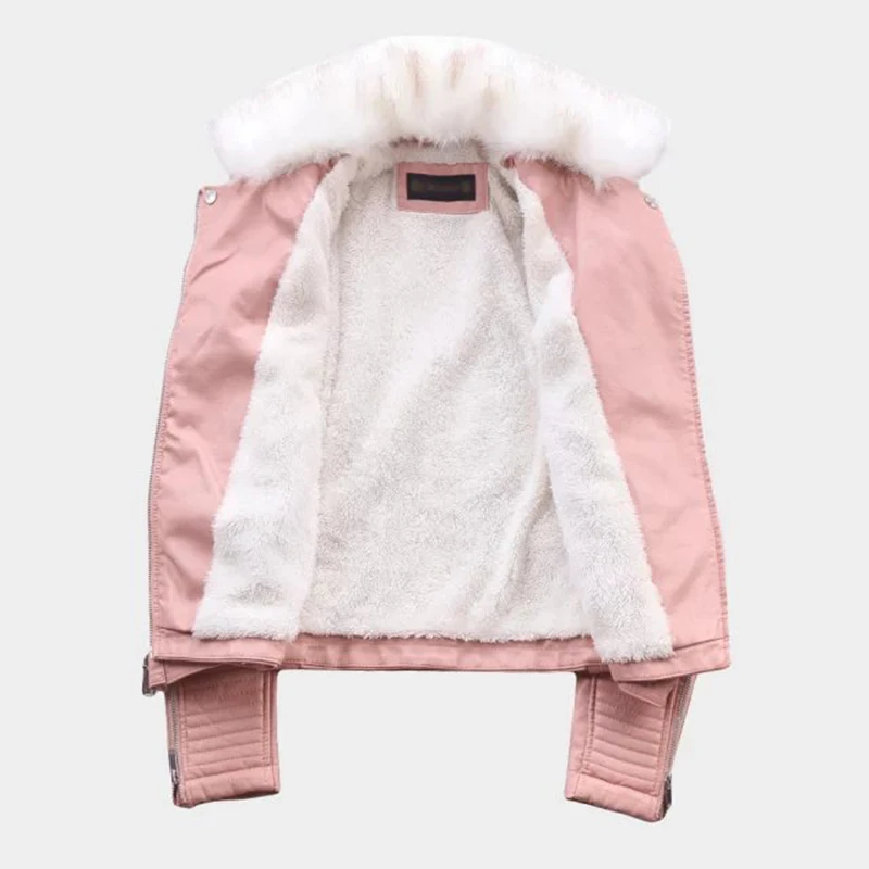 

Winter Women's Pu Leather Jacket Solid Slim Streetwear Wool Liner Faux Leather Coat Turn Down Collar with Fur Casual Outwear