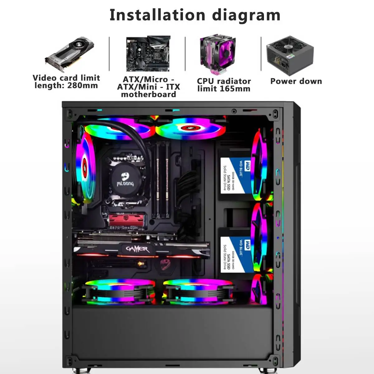 Электрический чехол для ПК с Rgb светильник Акриловая боковая плата 3SSD 1HDD ATX/MATX/ITX 8 вентиляторов 280 мм видеокарта 397*197*423 мм