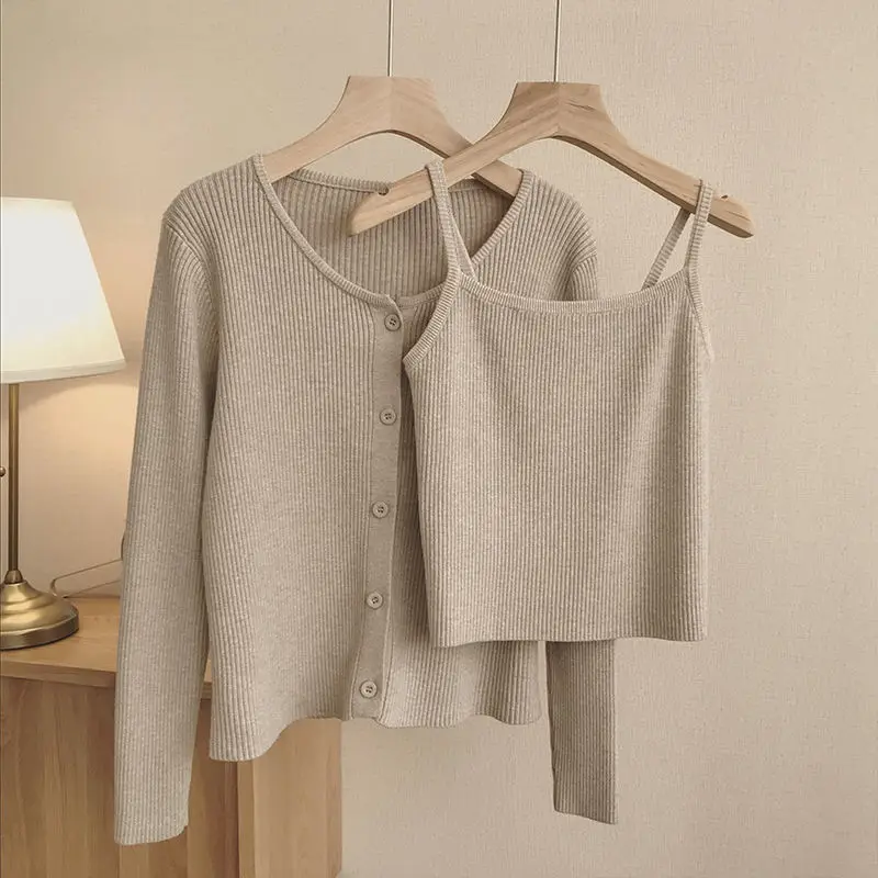 

Two-piece Suits Casual Sling Camisole Knitted Cardigan Jacket 2021 Spring Slim Fit Fashion Solid 2 Piece Sets Female