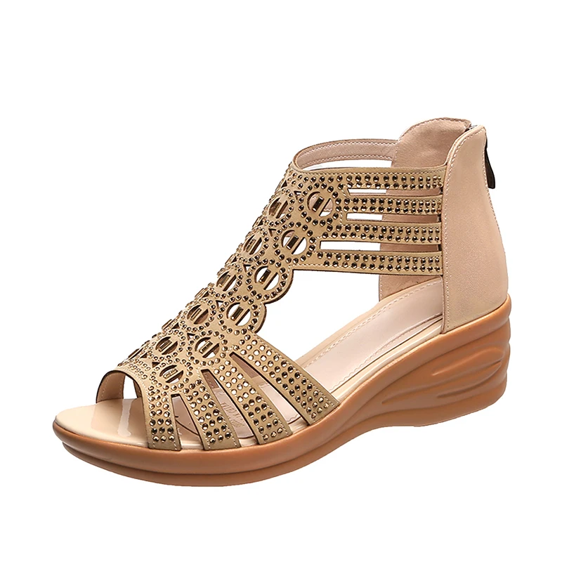 2021 Woman Sandals Women Crystal Comfortable Pumps Ladies Fashion Wedges Female Hollow Out Shoes Women's Zip Footwear