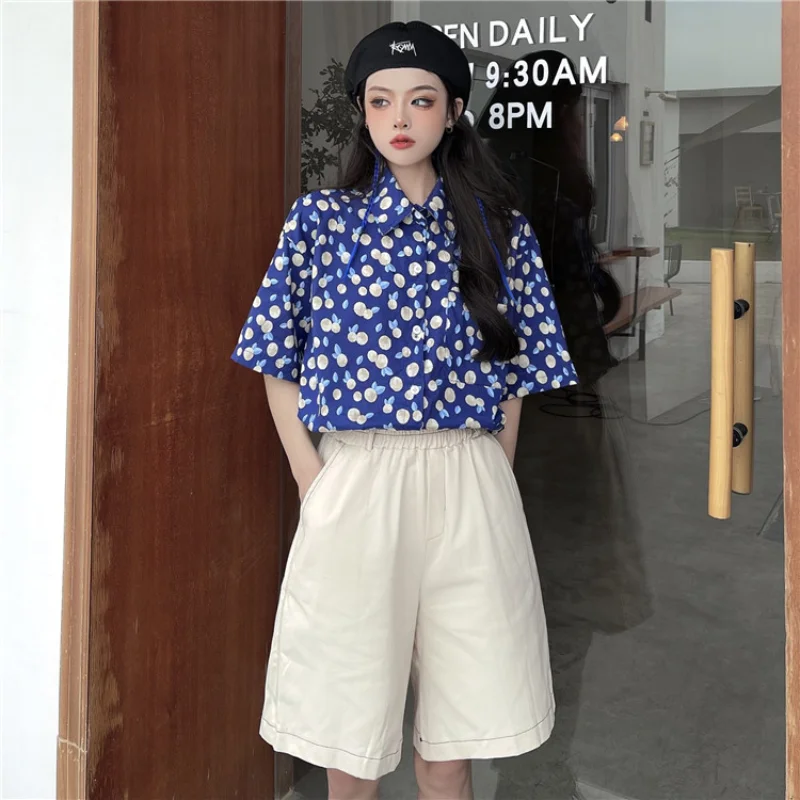 

Harajpoo Women Shirts Summer Korean Version Ins Trend Blue Fruit Print Student Casual Blouses Wild Loose Short-sleeved Tops Tide