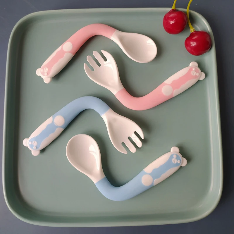 2 Pcs/Set Cute Cartoon Food Grade PP Baby Spoon Tableware Bendable Baby Utensil Spoon Fork Feeding Dishware Set