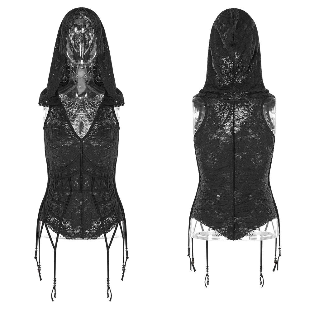 Classic Knit Slim Sleeveless Cross Hem Irregular Hooded T-shirt fashion Night Elf Angel sexy Women Top PUNK RAVE WT-603TDF | Женская