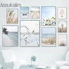 Плакат на холсте с изображением пляжа, синего океана, пейзажа, чайки, цветов, сена, принты в скандинавском стиле, настенные картины для декора гостиной