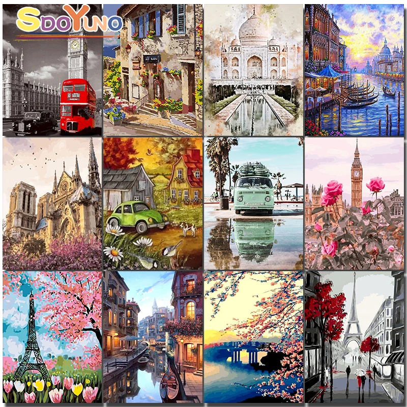 

SDOYUNO Landscape DIY Oil Painting By Numbers City For Adults Town on Canvas Kit Coloring Acrylic Paint Art Picture Decor Gift