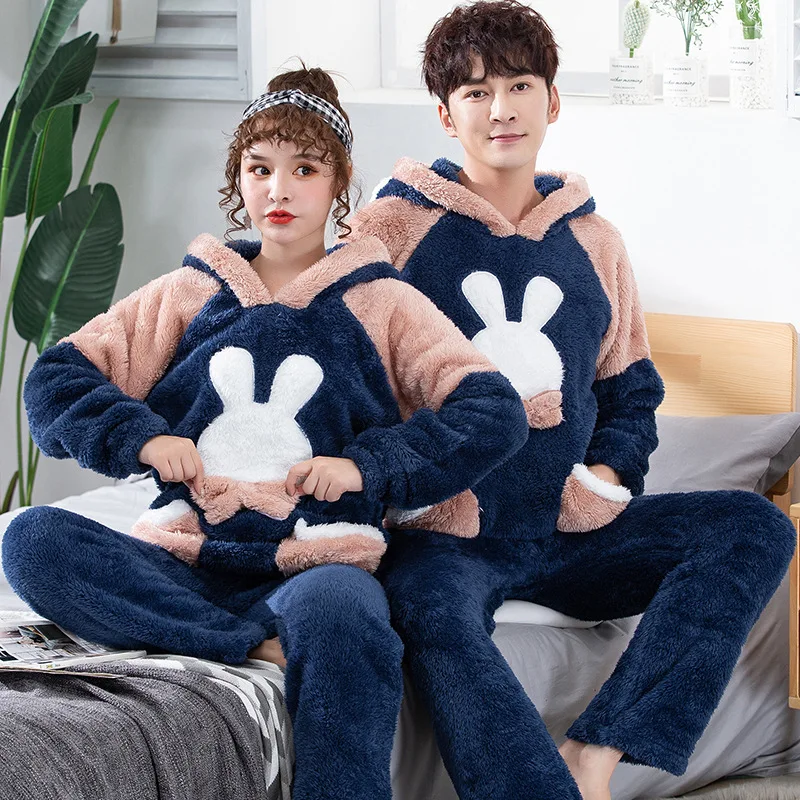 

Men's Cartoon Hooded Plush Home Wear Coral Couple Pajamas Flannel Autumn And Winter Polyester Full Length FDLHO