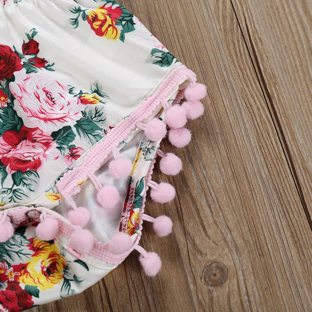 

Child Kids Baby Jumpsuits Infant Baby Girls Short Jumpsuit Sleeve Ruffles Floral Print Jumpsuits Tassels Romper Bodysuit