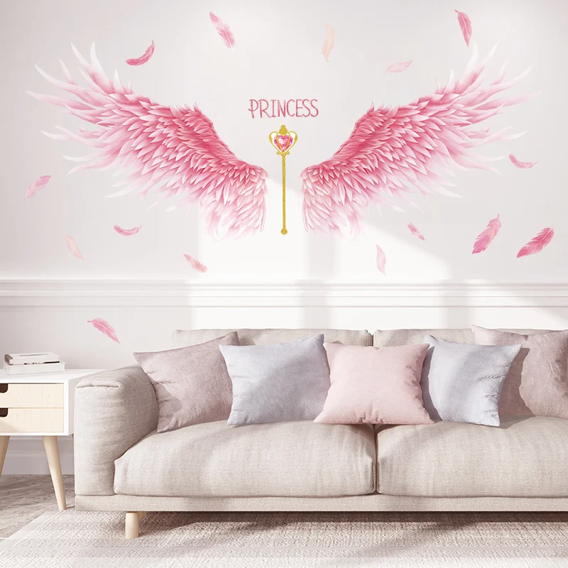 

[shijuekongjian] Pink Feathers Wings Wall Stickers DIY Cartoon Scepter Wall Decals for Kids Rooms Baby Bedroom Home Decoration