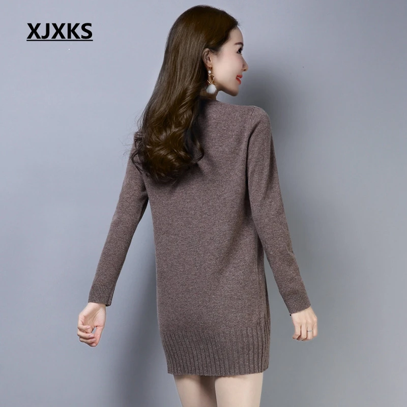 XJXKS Women Sweater Autumn 2020 Originality Knitted Casual Comfortable 100% Wool Long Dress Sweaters And Pullovers | Женская одежда