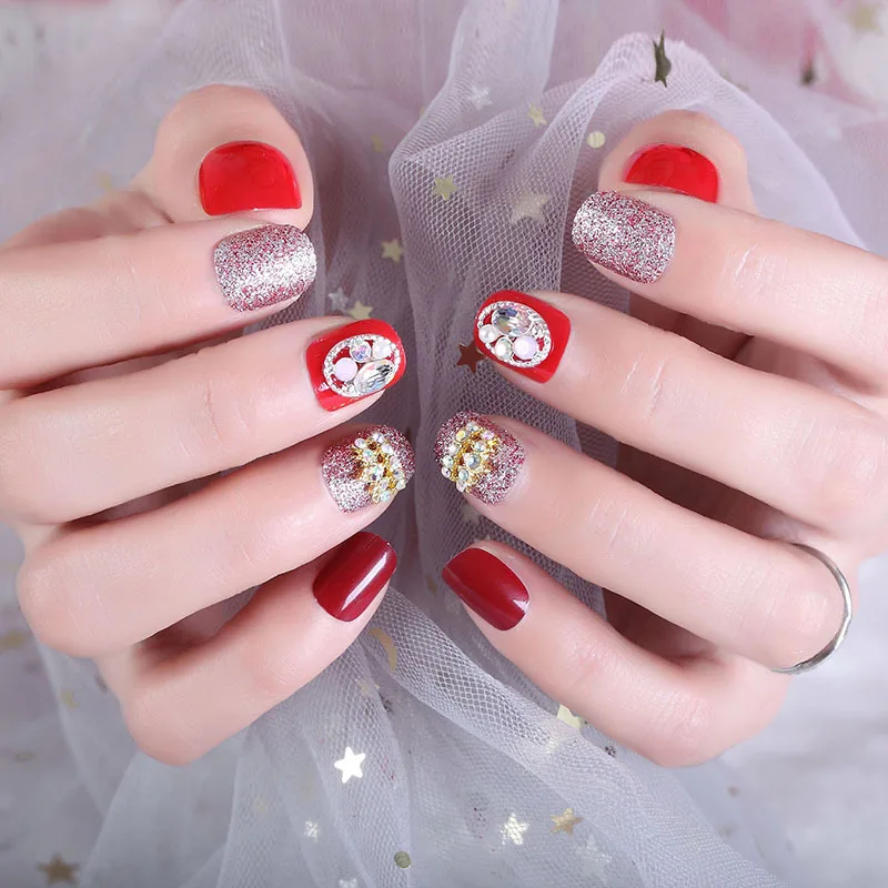 

24 шт полное покрытие поддельные ногтей Рубиновый Красный Свадебный акриловый пресс на кончиках 3D Стразы накладные ногти