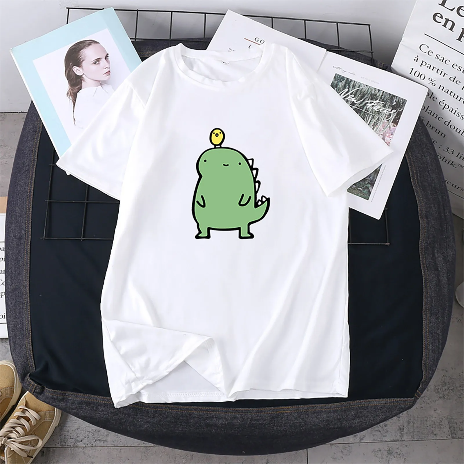 2021 Women Tshirts Kawaii Anime Dinosaur Print O-Neck Tee Casual Short Sleeve Top Tshirt Plus Size Fashion Mujer camisetas | Женская