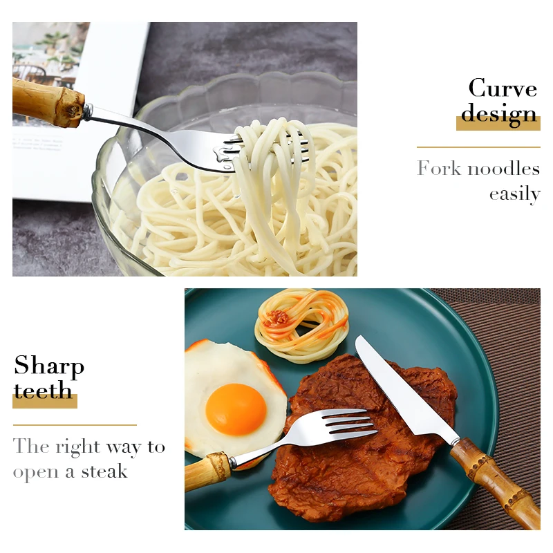 5Pcs Bamboo Handle Tableware Set Stainless Steel Cutlery Knife Fork Spoon Dessert Teaspoon Flatware Pure natural |