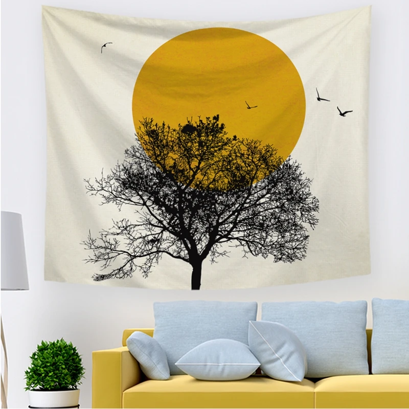 

CUT Tapestry Sunset Birds Flying Tapestry Watercolor Hippie Nature Landscape Tapestries Wall Covering Fabric For Bedroom Decor