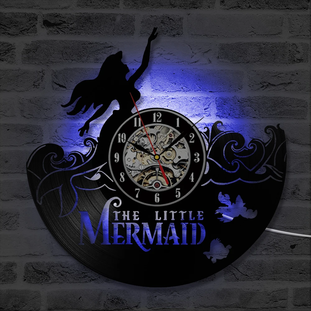 Виниловые настенные часы Русалочки Ариэль светящиеся домашние декоративные с