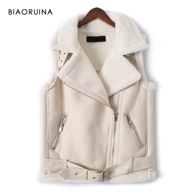 BIAORUINA Women's Moto&ampBiker Style PU Patchwork Fleece Thick Keep Warm Vest with Belt Female Autumn Winter Fashion Coat | Женская