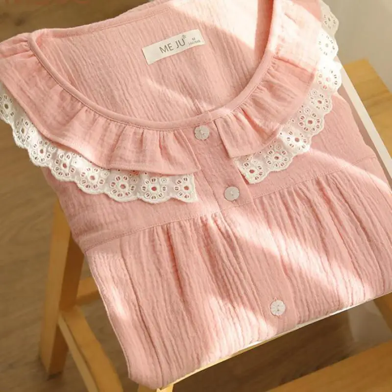 

Cotton Gauze Women Pajamas Set Sleepwear Solid Pink Lace Ruffle Sweet Sleepwear Trouser Suits Loose Casual Loungewear Home Wear