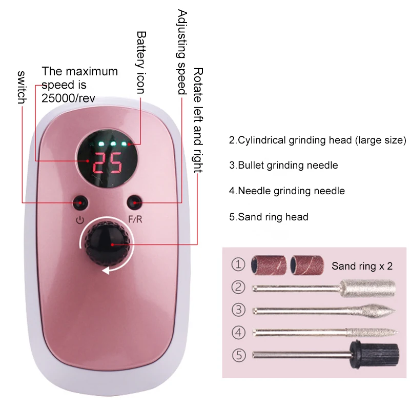 Электрические сверла для ногтей машина 25000 об/мин перезаряжаемая мельница резак