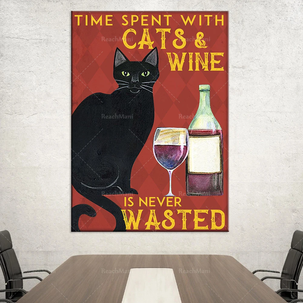 Постер для влюбленных с черной кошкой Время кошками и вином