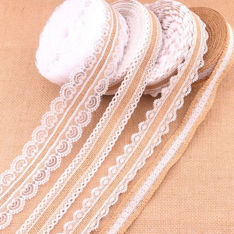 

10Meter/Lot 25mm Natural Jute Burlap Hessian Lace Ribbon with White Lace Trim Edge Rustic Vintage Wedding Centerpieces Decor