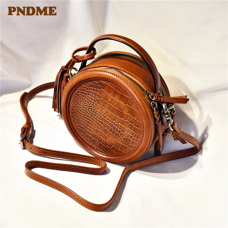 PNDME fashion vintage genuine leather ladies small round box handbag cowhide women's crocodile pattern shoulder messenger bags