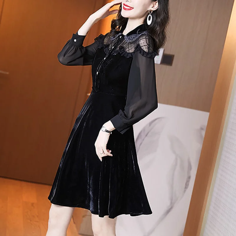 

Spring Autumn 2021 New Women French Elegant Retro Hollow Mesh Stitching Gold Velvet Dress Peter Pan Collar A-line Dresses Y395