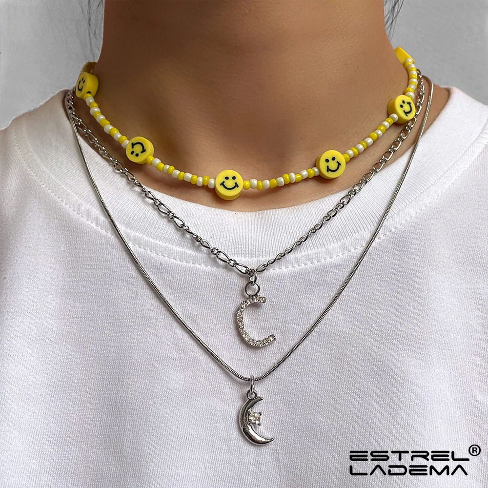 

2021 Fashion Moon Yellow Smiley Beaded Choker Necklace For Women Crystal Letter Sliver Chain Necklace Layered Bohemia Jewelry