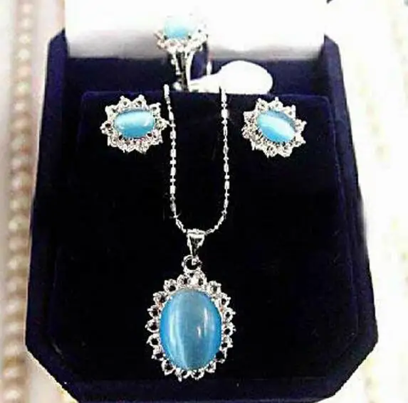 Оптовый женский комплект ювелирных изделий Подарок Подвеска+Серьги+Кольцо с цирконом, опалом, пресноводными жемчугом и нефритом (Цена не включает упаковку для ювелирных изделий)