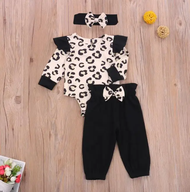 

New Born Girls 3PCS Set Leopard Printing Lace Long Sleeve Tops Solid Color Long Trousers with Bow Hairband Baby Clothing