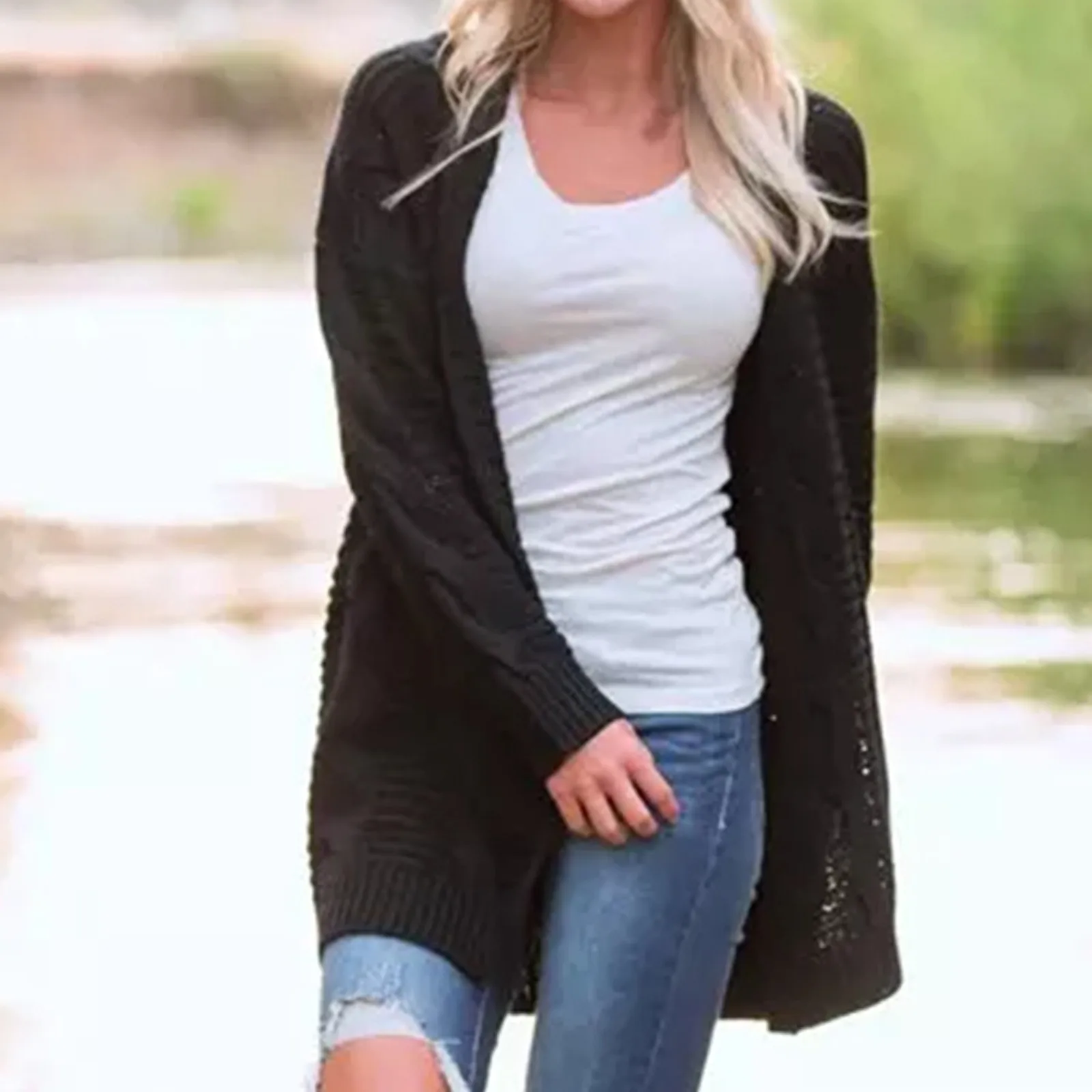 

Женский трикотажный кардиган средней длины, черный свободный трикотажный кардиган с длинным рукавом в Корейском стиле, Осень-зима 2021