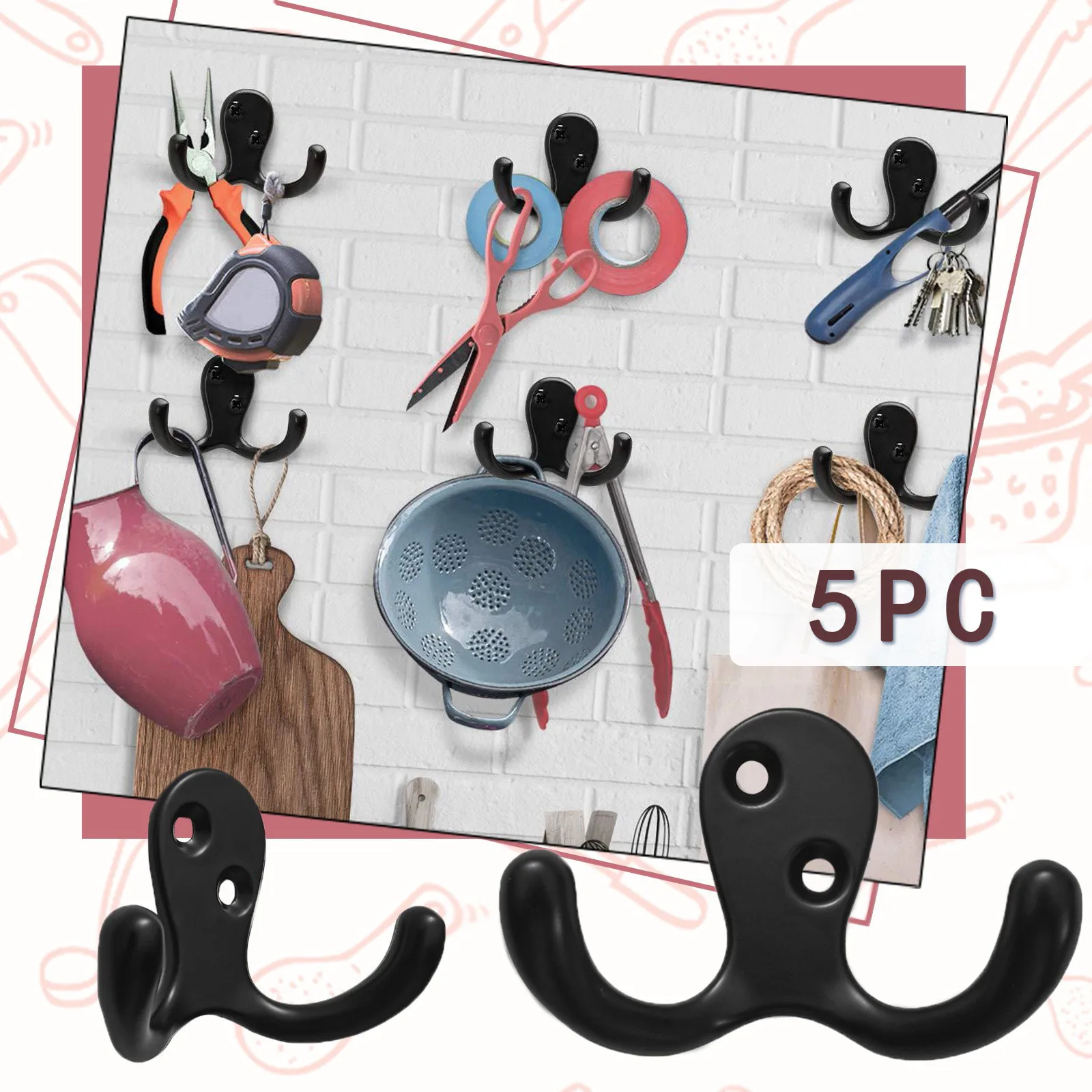 

5pcs Coat Hook Large Heavy Duty Double Claw Practical Wall-mounted Household Bathroom Hook Storage Household Storage Tools #20