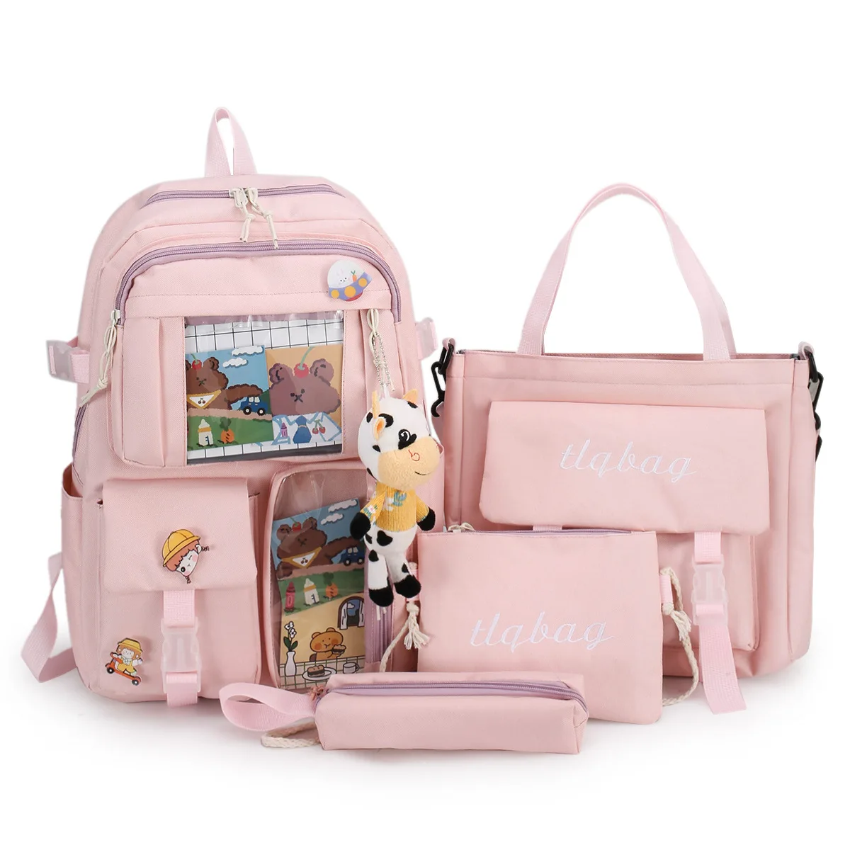 

2021 New Schoolbag Female Ins Backpack Four-piece Junior High School Campus Harajuku College Style Backpack Backpack