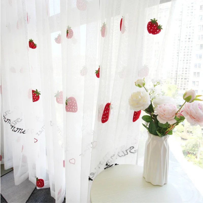 

Sweet and Lovely Strawberry Window Screen Balcony Bay Window French Window Curtain Children's Room Living Room Mesh Curtains
