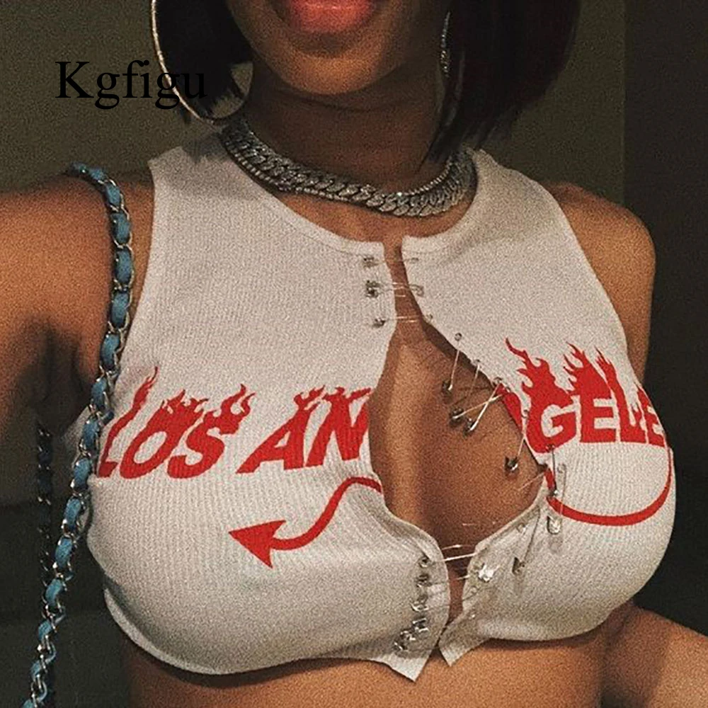 

KGFIGU 2020 New Design Women Crop Tops Red Print Front Pin Polyester High Quality Women Birthday Party Club Wear Workout Cloth