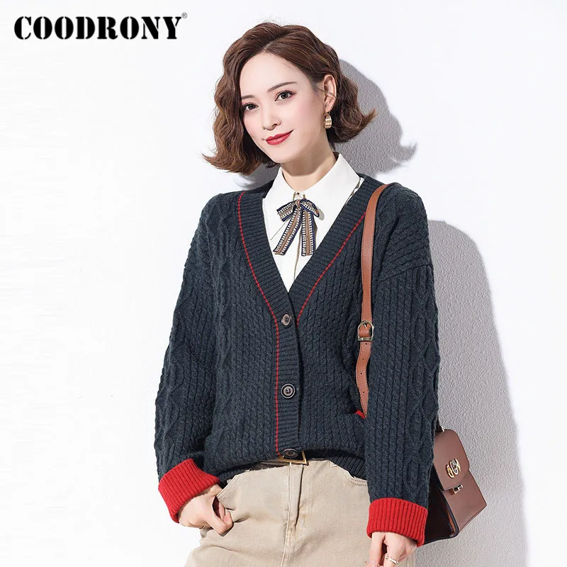 

COODRONY Brand Casual V-Neck Warm Female Pocket Cardigans 2020 Autumn Winter Streetwear Soft Wool Women's Oversize Sweater W1089
