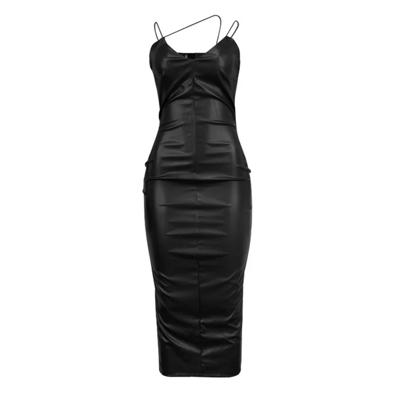 

Women Leather Bodycon Dress Asymmetrical Spaghetti Strap Dress Leather Lingerie for Club Party A66
