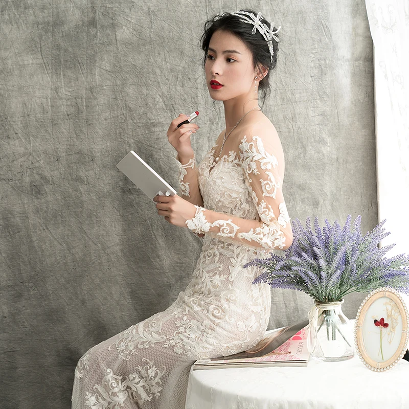 Платье свадебное кружевное с длинным рукавом и аппликацией HS02 | Свадьбы