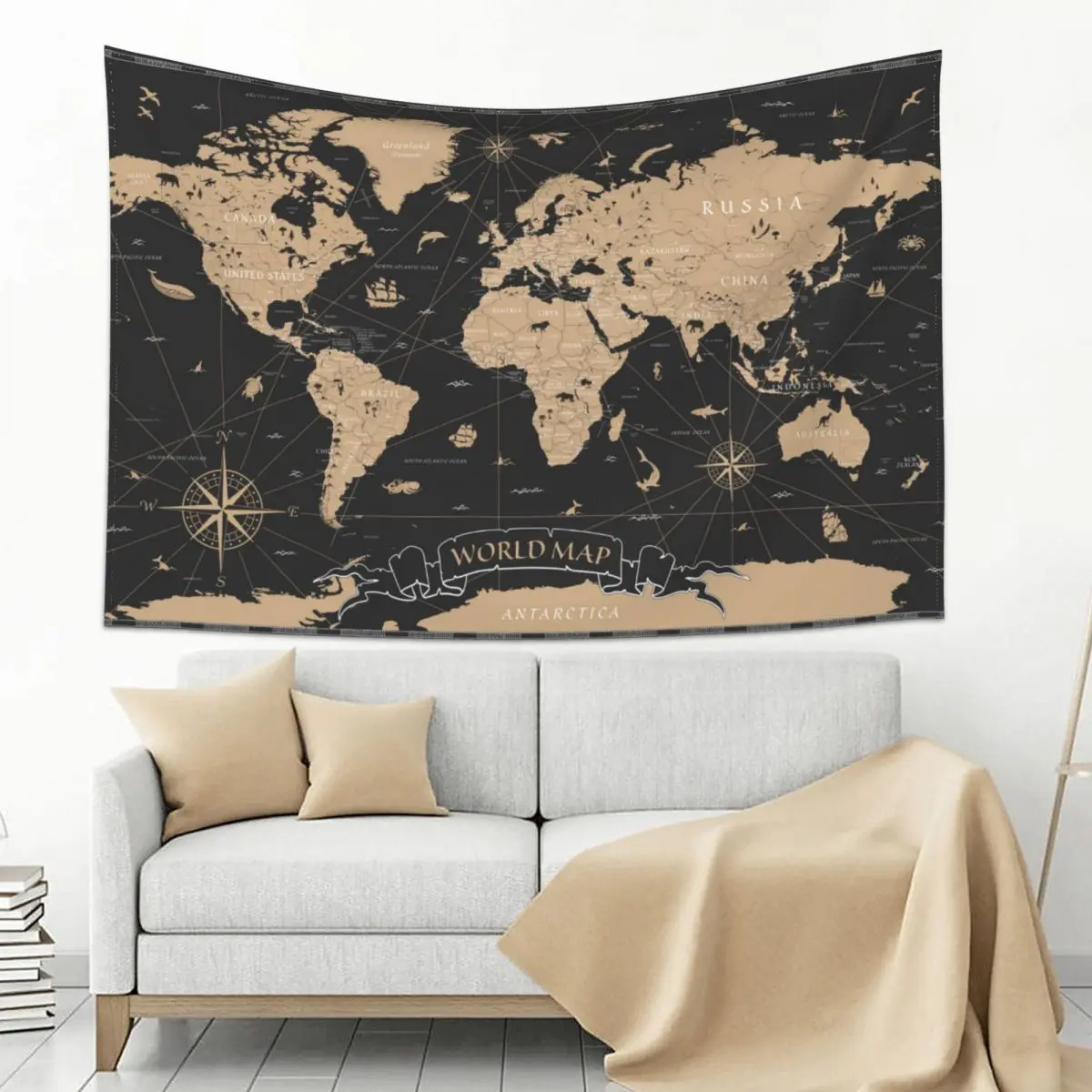 Винтажный настенный гобелен с картой мира из полиэстера в стиле хиппи античный