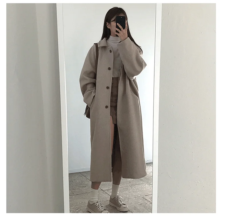 Heydress осеннее зимнее шерстяное пальто простое однотонное однобортное женское длинное шерстяное пальто с отложным воротником для отдыха