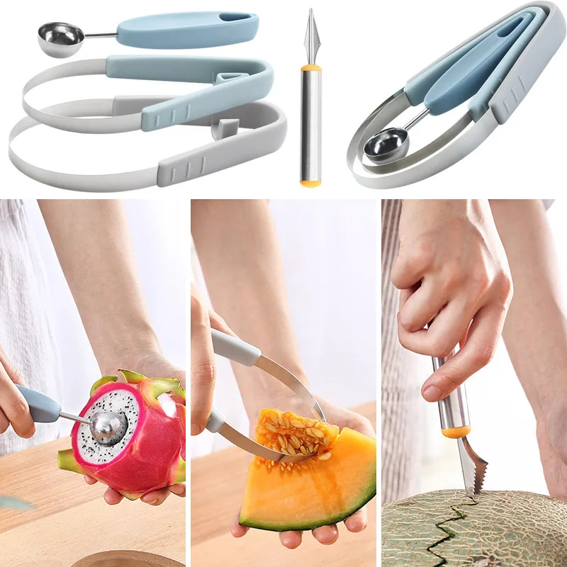 

Kiwi Spoon Knife 3 in 1 Stainless steel watermellon ball scoop Carving Knife Set Melon Baller Digger Ice Cream Dig Ball