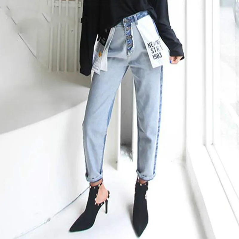Джинсы с высокой талией из хлопка в Корейском стиле синие джинсы для мам женские