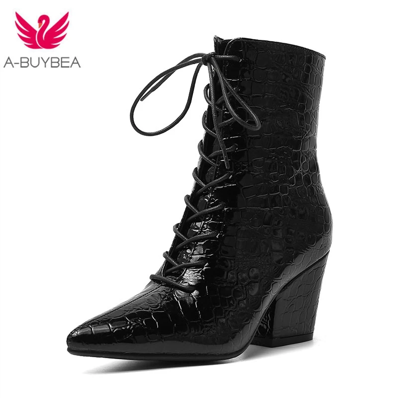 Мотоботы на высоком каблуке женские ботильоны из искусственной кожи с тиснением