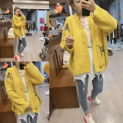 Новинка 2019 Женский вязаный хлопковый желтый свитер с вышивкой птицы Harajuku одежда