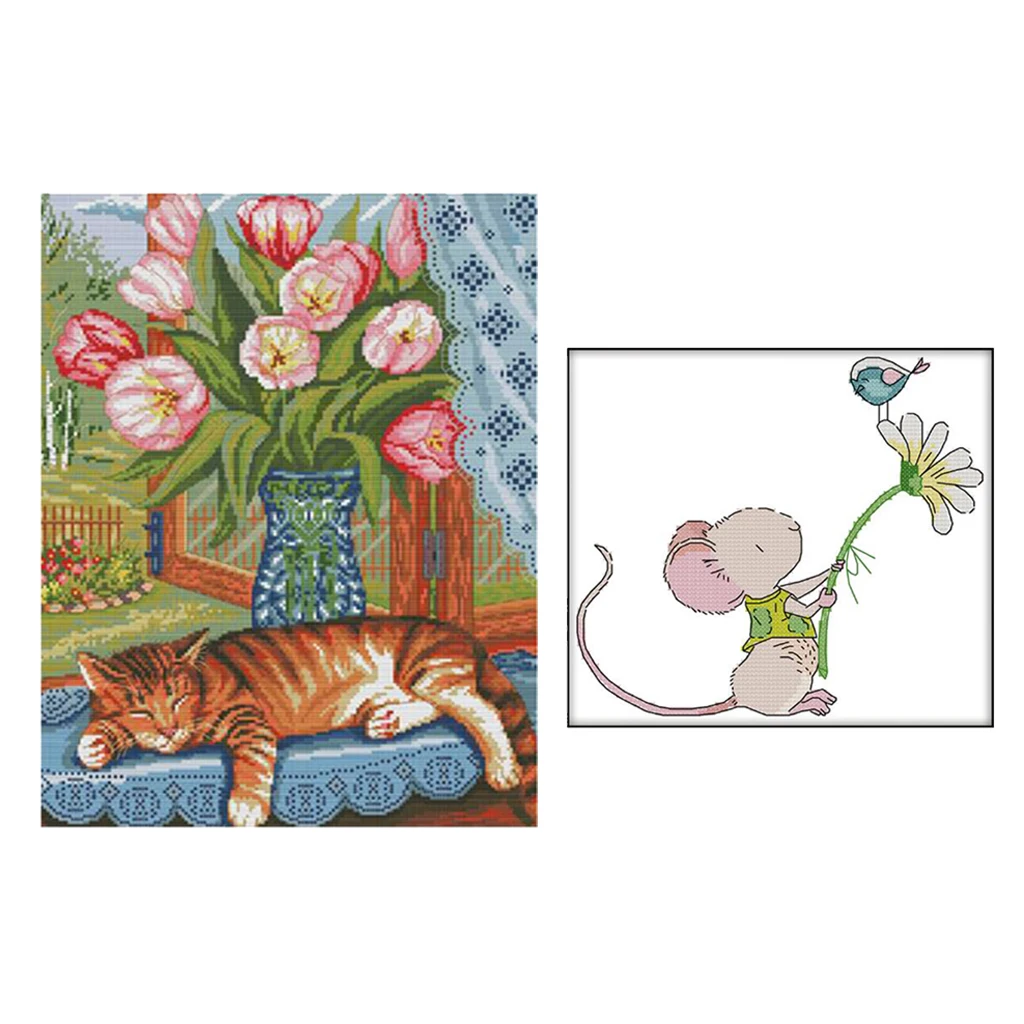 

2x 14CT Full Range of Embroidery Starter Kits Animal Pattern, DIY Needlework Kits for Beginners, Handicraft Lovers, Adults