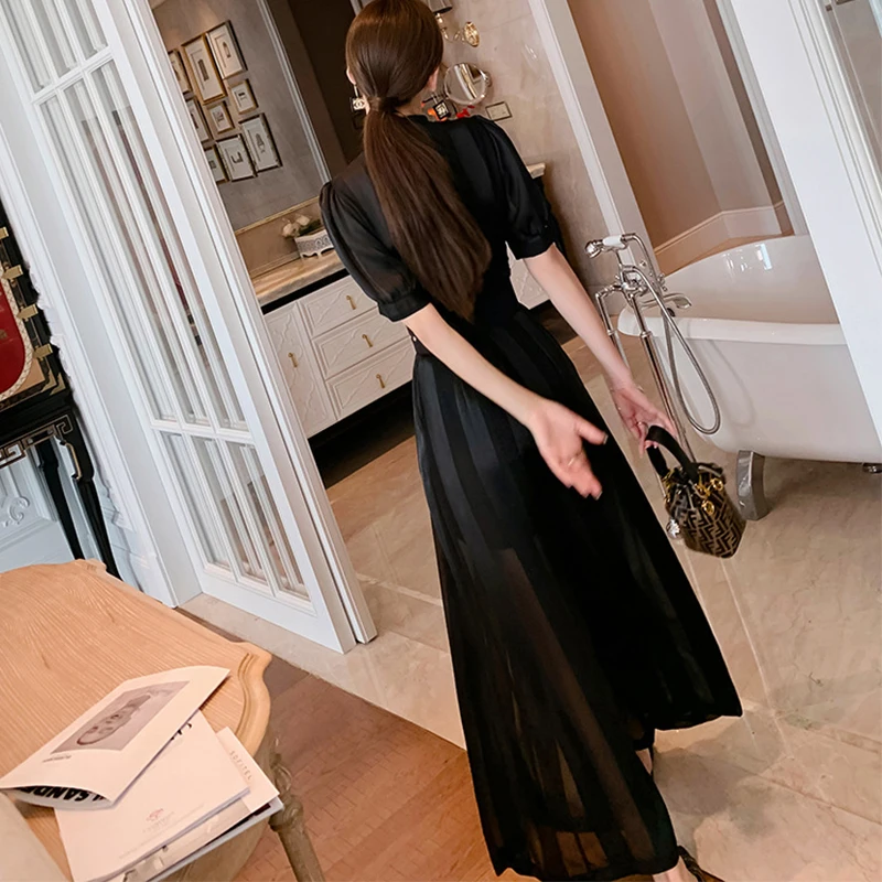 

Casual Retro Long Fashion Summer Jumpsuit 2021 Korean Style Jumpsuit Ladies Elegant Short-sleeved Belt Chiffon Wide-leg Pants